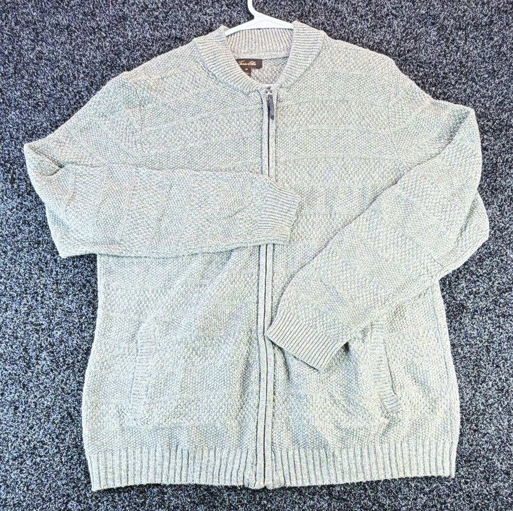 Tasso Elba Mens M Gray Cable-Knit Full Zip Mock Neck Cotton Acrylic Sweater